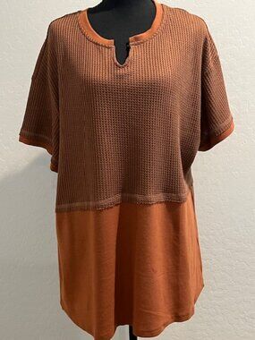 Boutique Rust Color block Waffle Knit Tunic Top XL Short Sleeve, Flowy